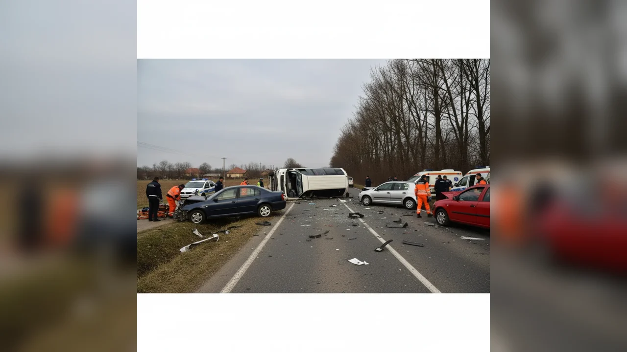 Accident grav la Colibași, implicate un microbuz și trei mașini