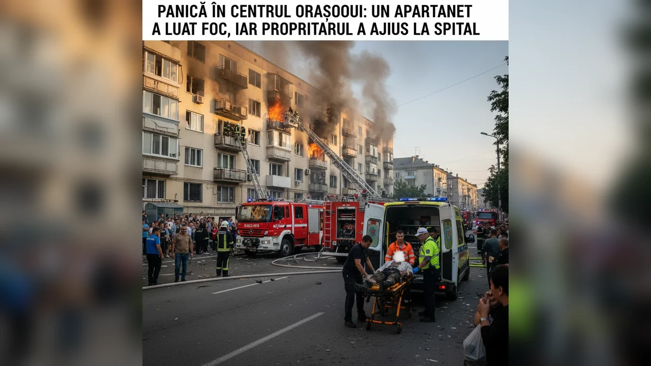 apartament în flăcări, proprietarul transportat de urgență la spital