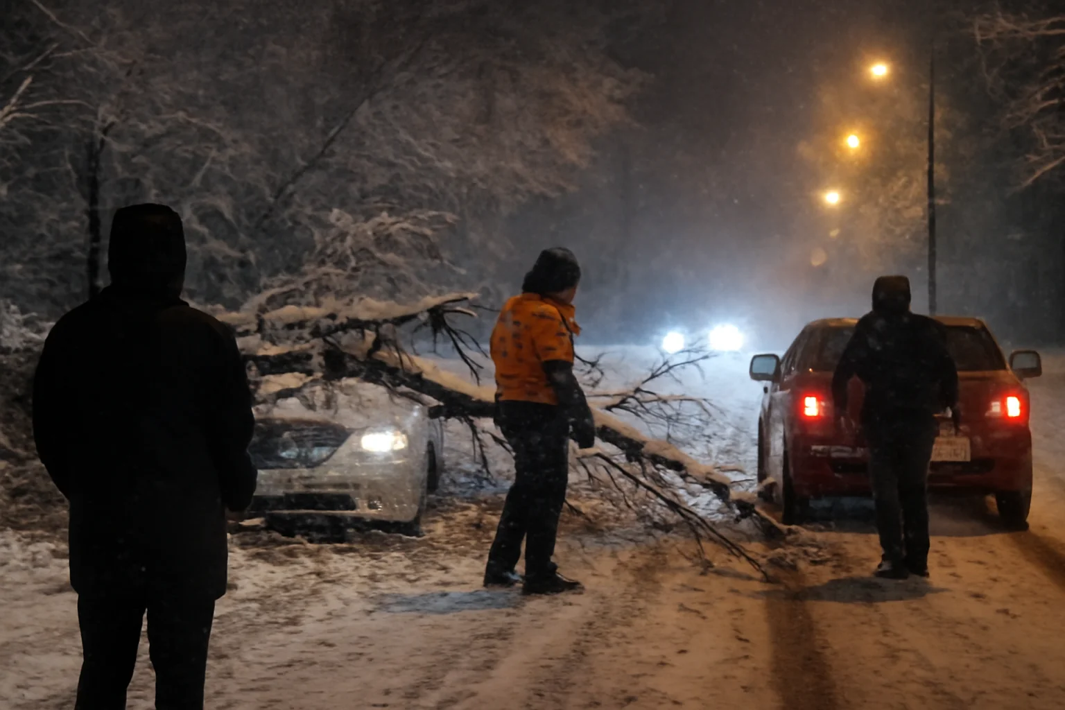 arbori prăbușiți, mașini distruse și circulație blocată de zăpadă