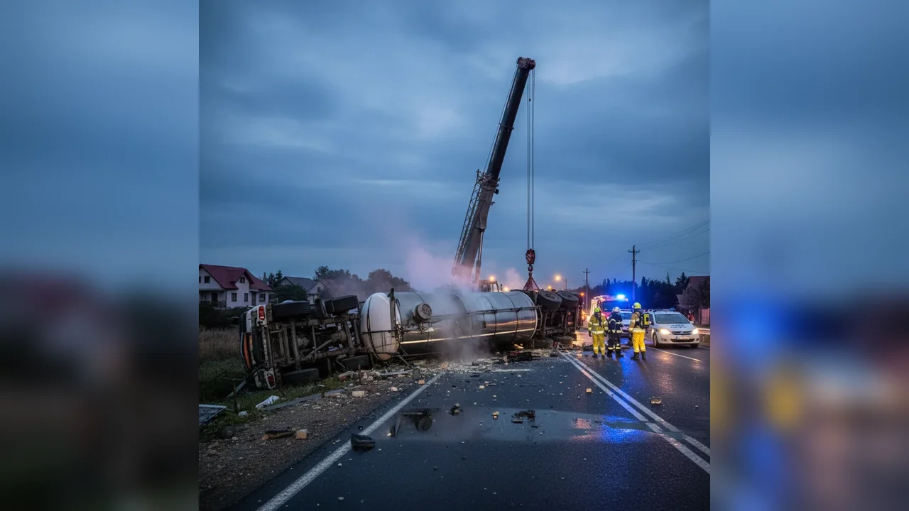 Autotren cisternă cu apă amoniacală s-a răsturnat aseară pe DN 5, în apropiere de Remuș; fără risc pentru populație