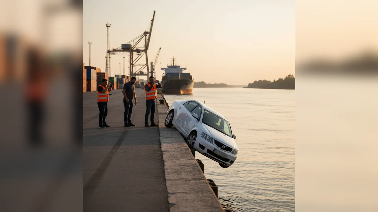 Autoturism aproape să cadă în Dunăre din parcarea Portului Giurgiu