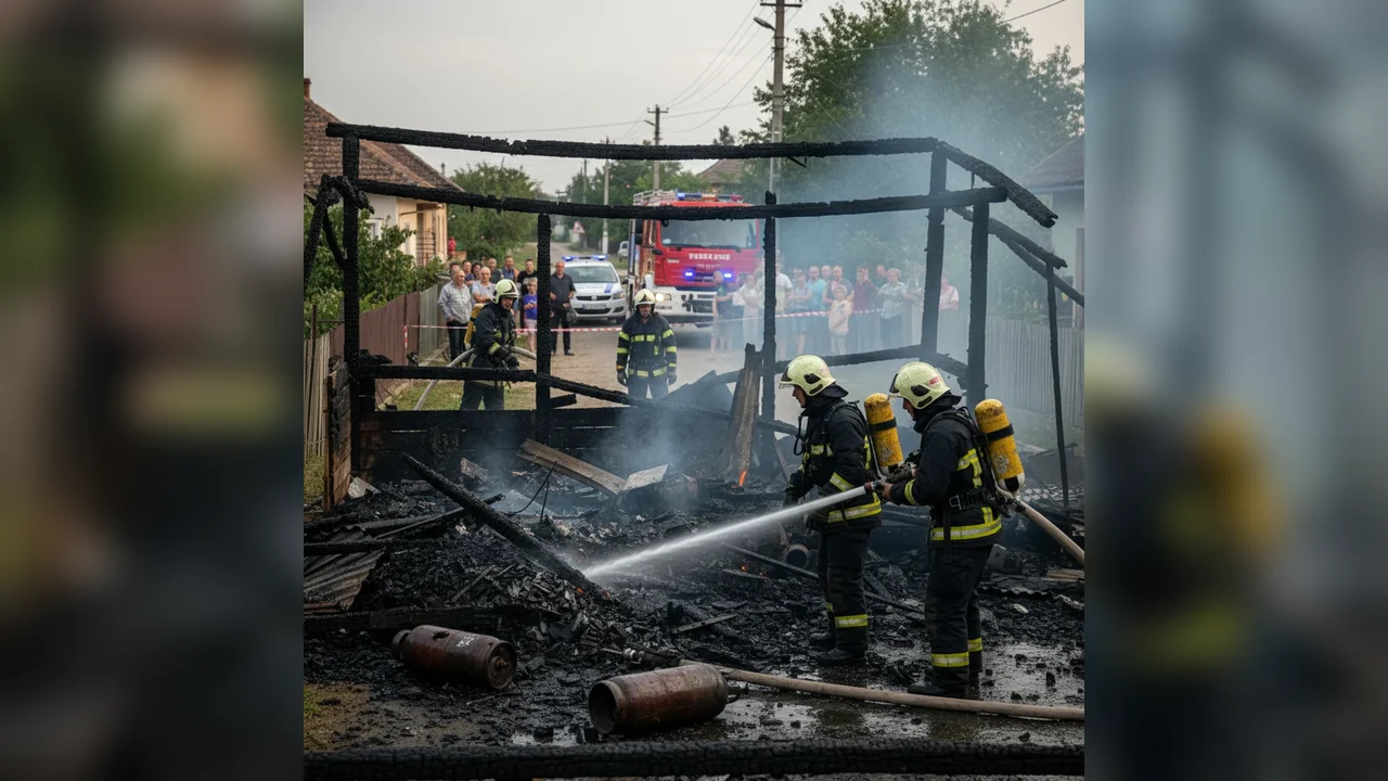 Bucătărie de vară distrusă de flăcări după explozia buteliilor