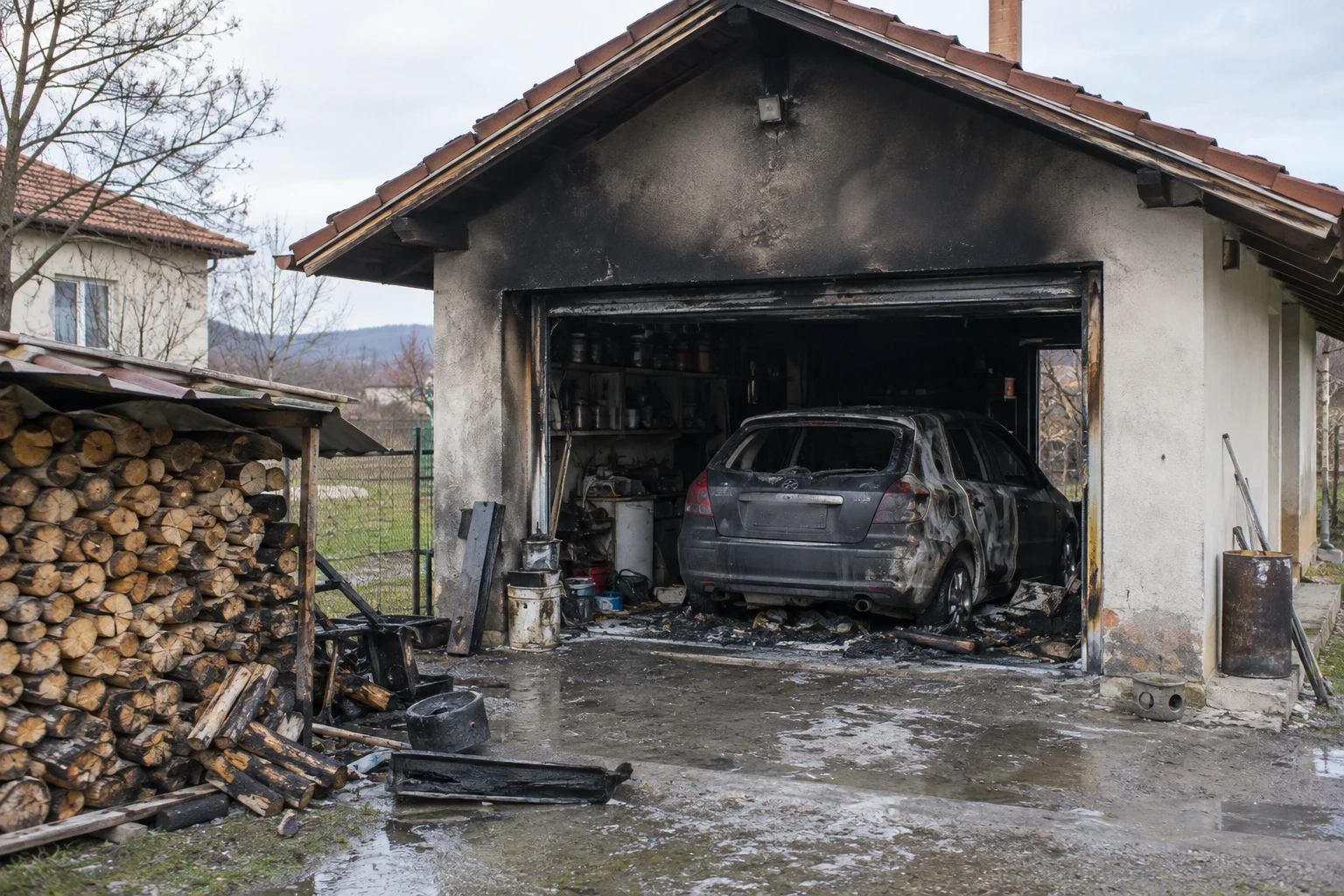 Buturugeni: incendiu de garaj — ~60 mp, mașină arsă 50%, scurtcircuit probabil
