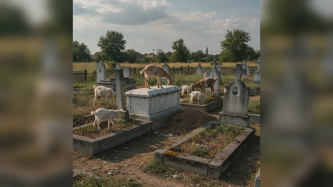 Capre surprinse păscând printre morminte în cimitirul din Remuș