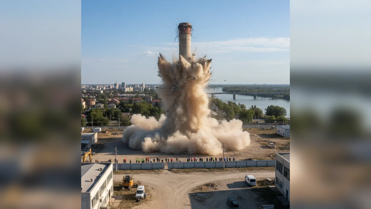 Coșul CET Giurgiu, demolat prin explozie controlată astăzi
