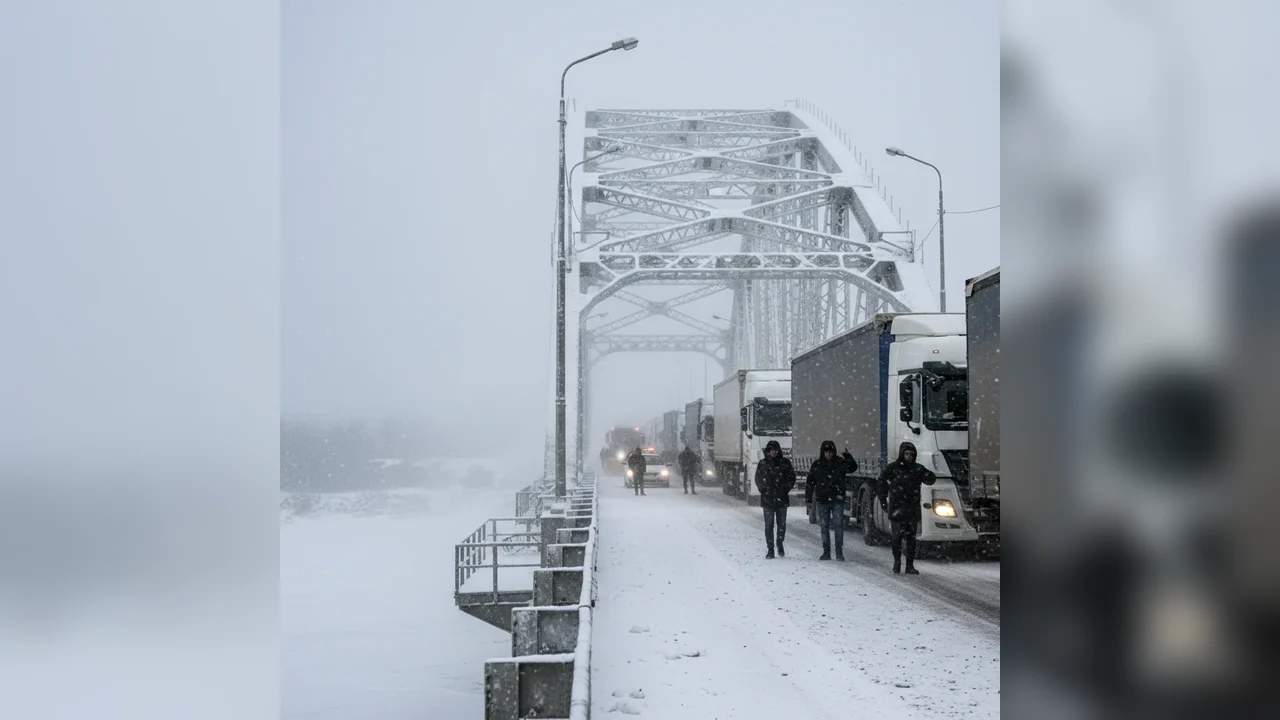 Drumuri județene închise și trafic de camioane oprit pe podul Giurgiu–Ruse din cauza viscolului