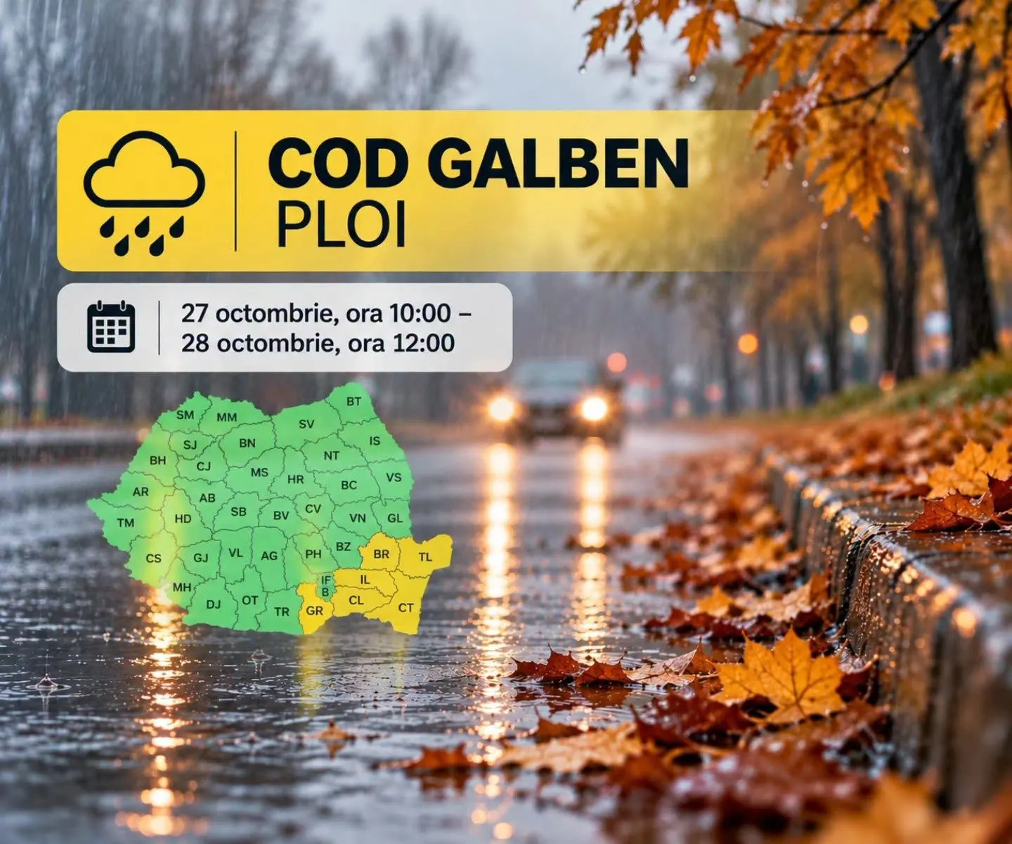Giurgiu: Cod Galben de ploi, 27 octombrie ora 10:00 – 28 octombrie ora 12:00