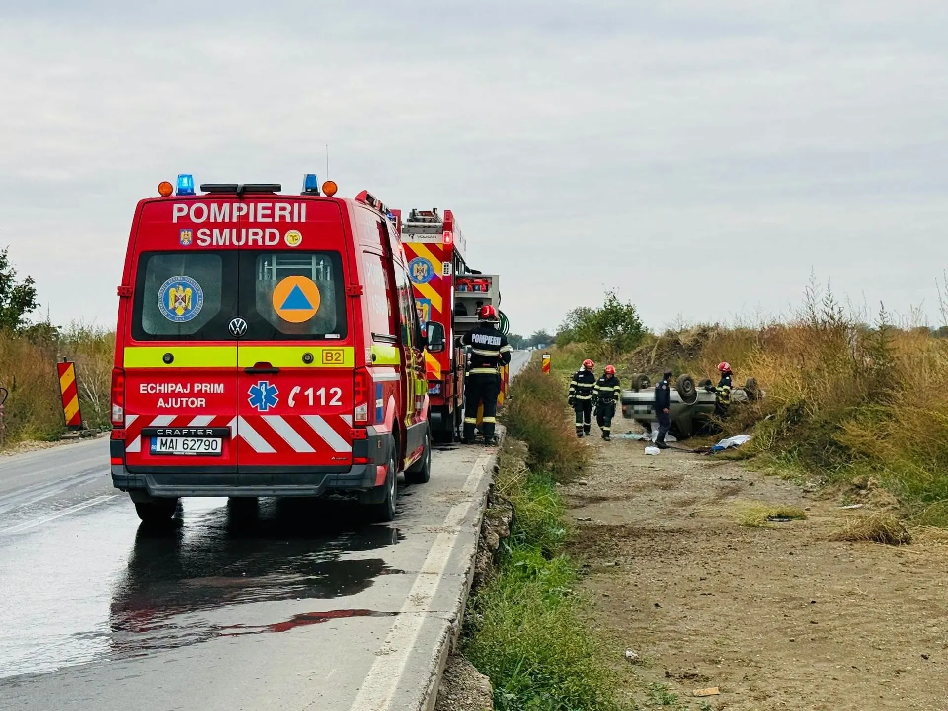 DN5C, între Giurgiu și Slobozia: mașină răsturnată, șofer de ~82 de ani la UPU