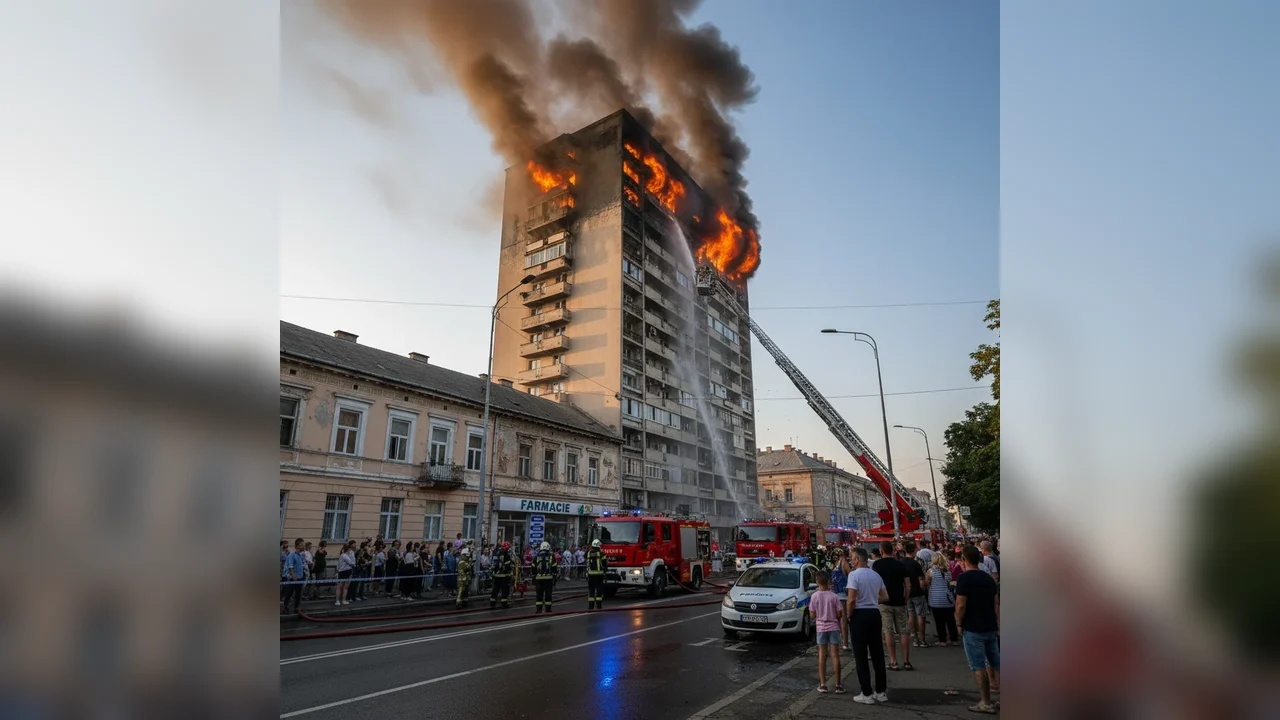 Incendiu în Blocul Turn de pe strada Nicolae Bălcescu din Giurgiu, astăzi