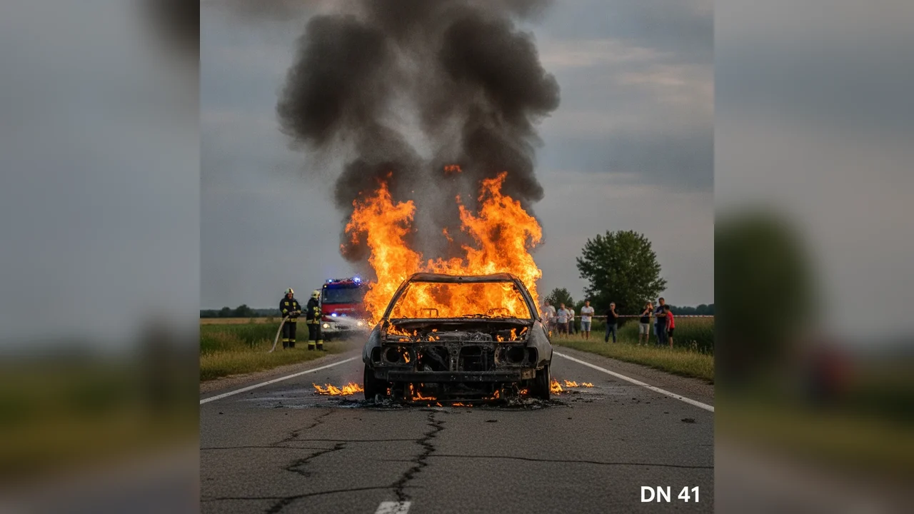 Incendiu la un autoturism pe DN 41 în Prundu, Giurgiu