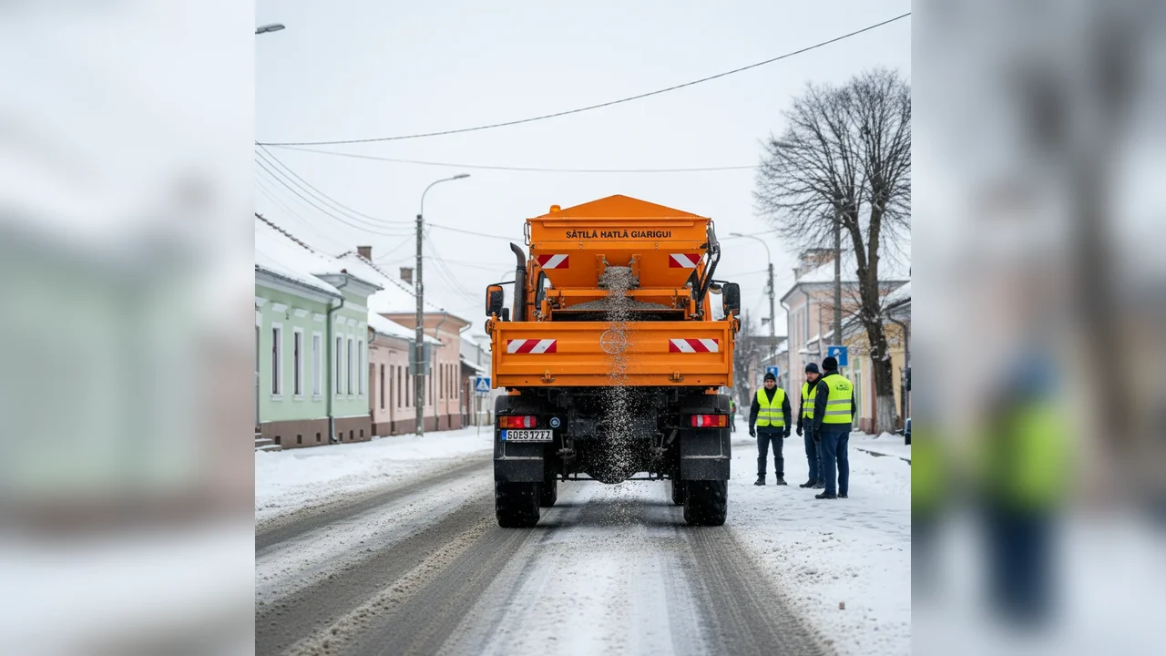 Intervenție cu utilaj UNIMOG pentru împrăștierea materialului antiderapant pe străzile din Giurgiu