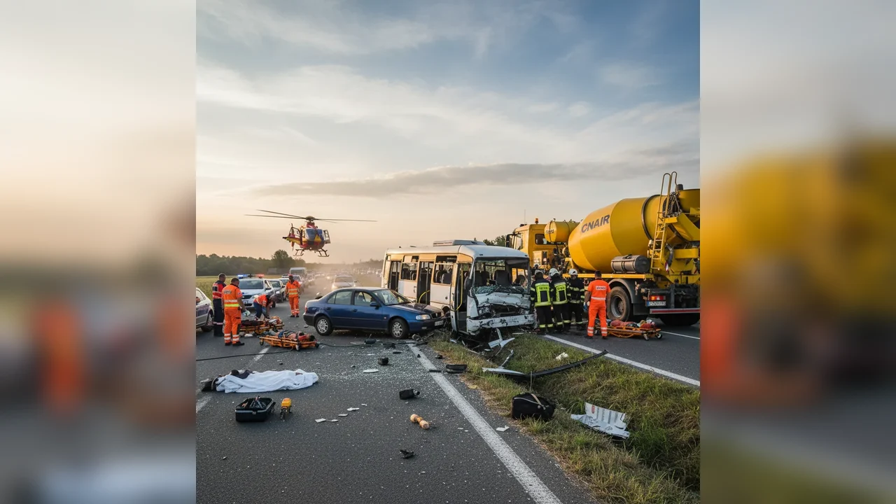 microbuz prins între autoturism și utilaj CNAIR, opt răniți, trei încarcerați și intervenție elicopter SMURD