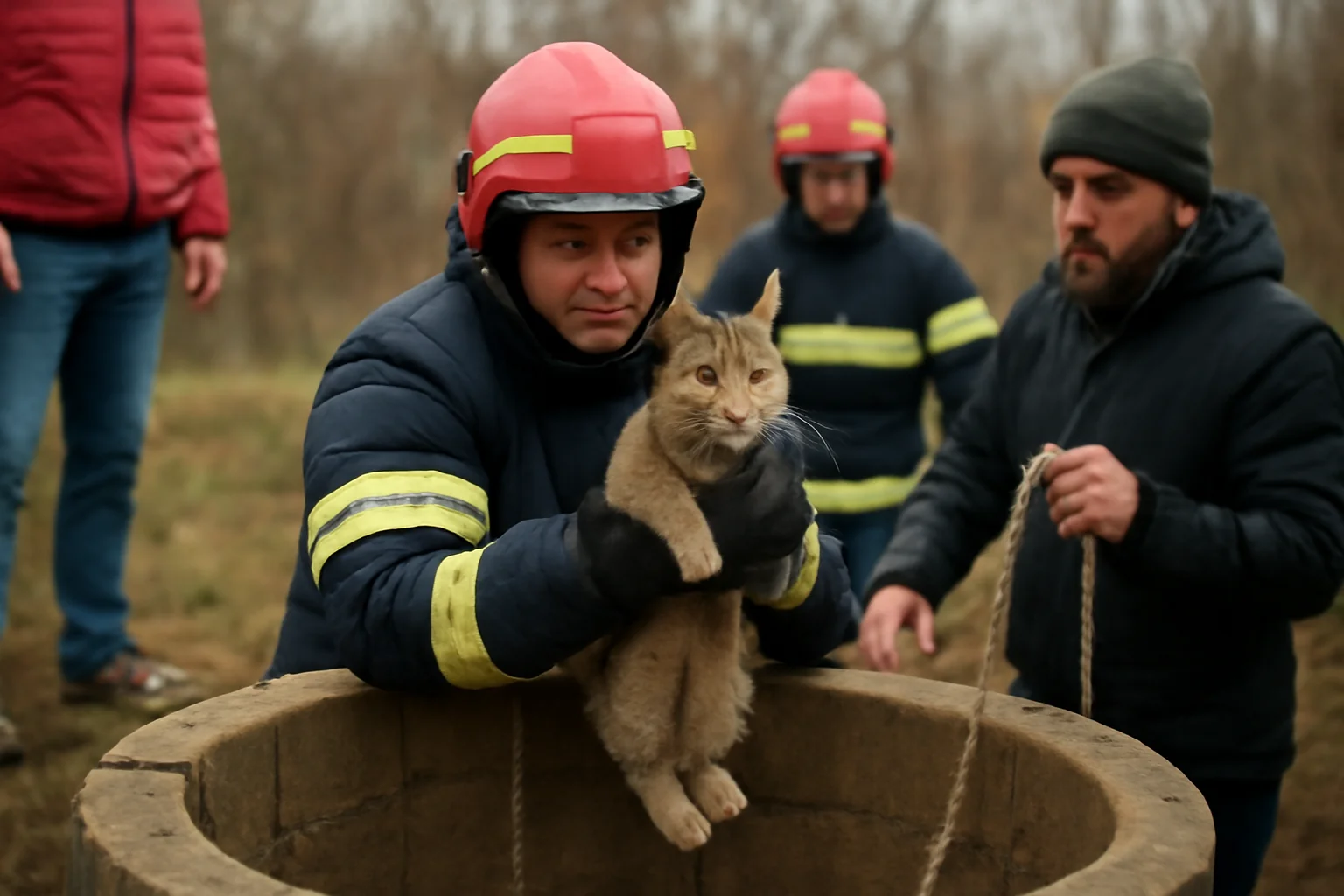 Pisică recuperată de pompieri dintr-o fântână de 15 metri – imagini de la intervenția de salvare