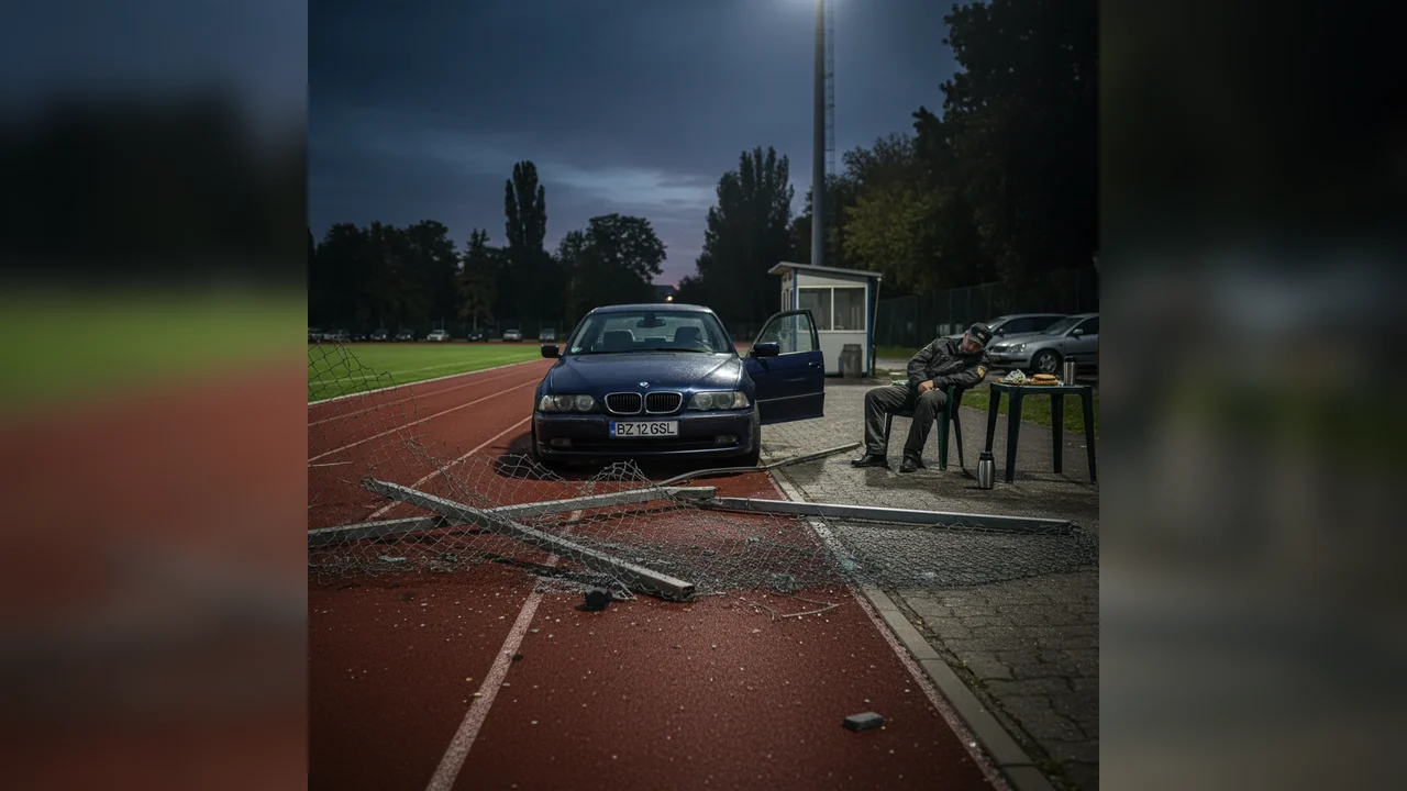 Șofer din Buzău la volanul unui BMW a dărâmat gardul pistei de atletism GSL în toiul nopții, sub ochii unei paze publice inexistente