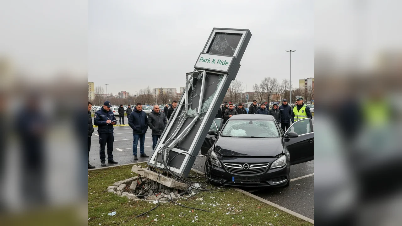 Totem informativ Park & Ride avariat de un șofer în municipiul Giurgiu