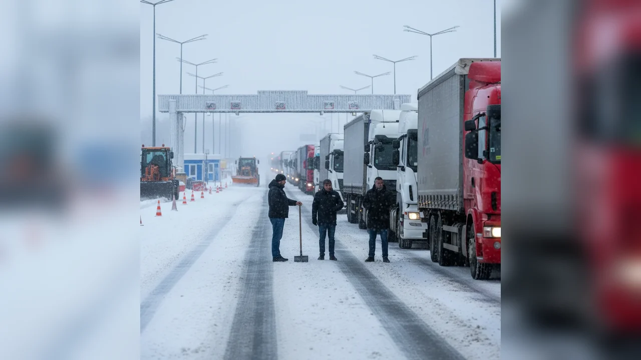 Trafic de camioane încetinit la Giurgiu, la frontiera cu Ruse, din cauza zăpezii și a lucrărilor din Bulgaria