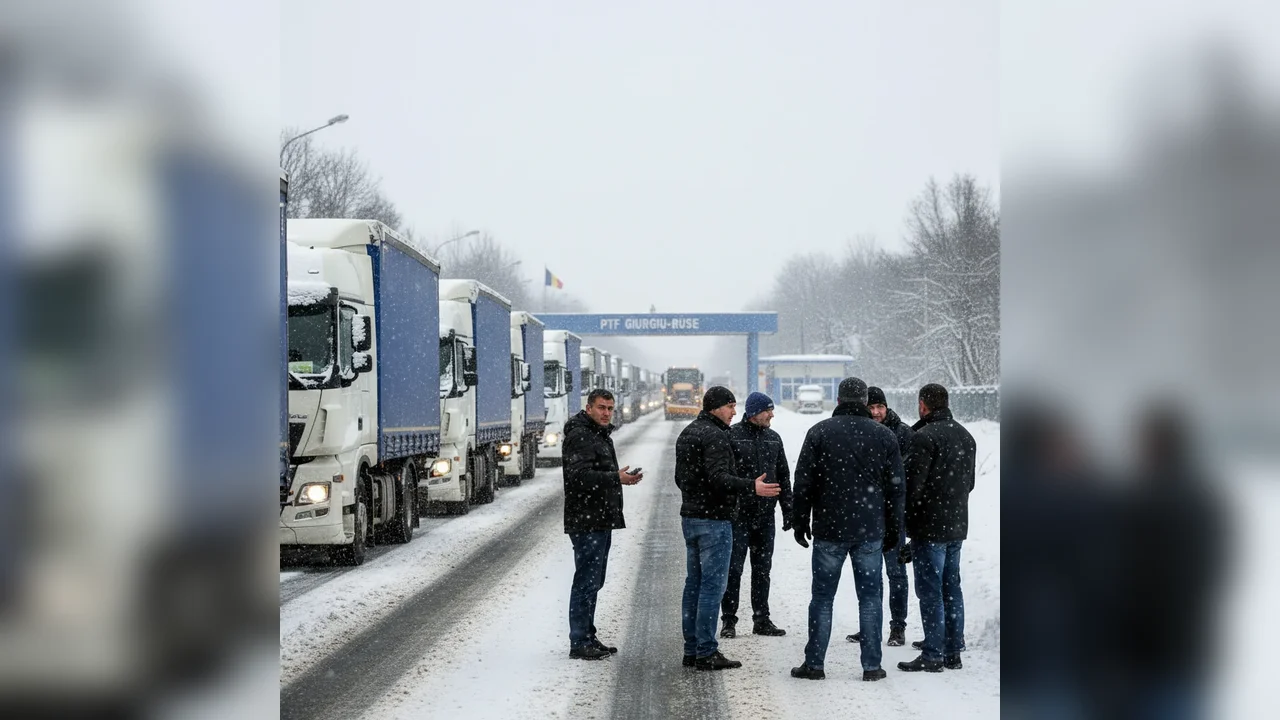 Trafic de camioane îngreunat la PTF Giurgiu–Ruse din cauza zăpezii și a lucrărilor din Bulgaria