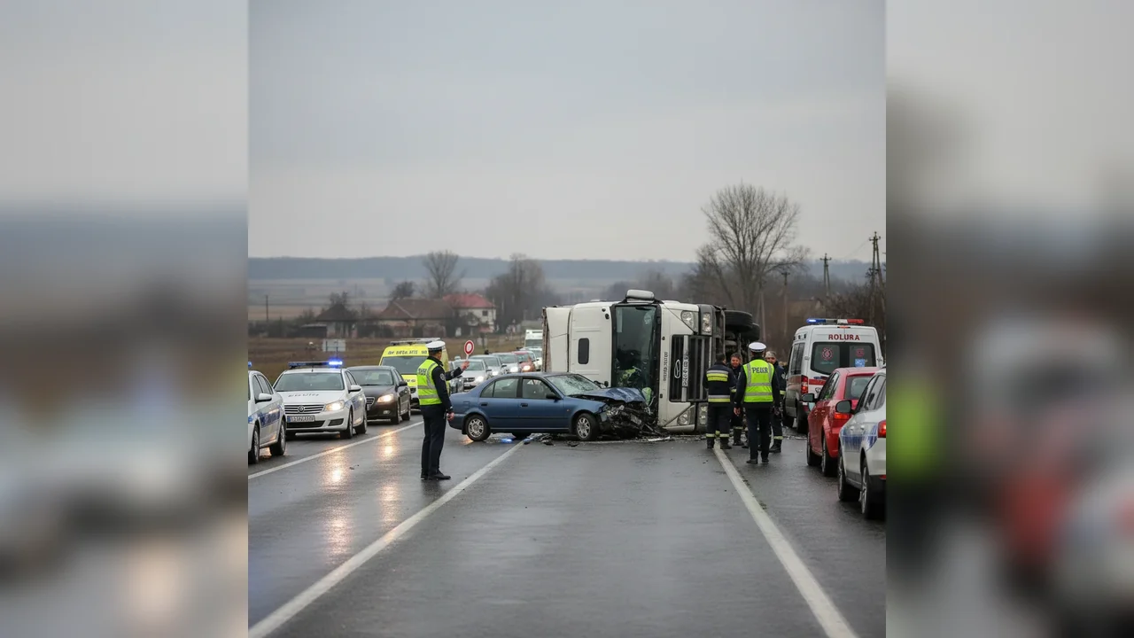 Trafic îngreunat pe DN5 la Uzunu, în județul Giurgiu, după coliziunea dintre un autoturism și un autocamion