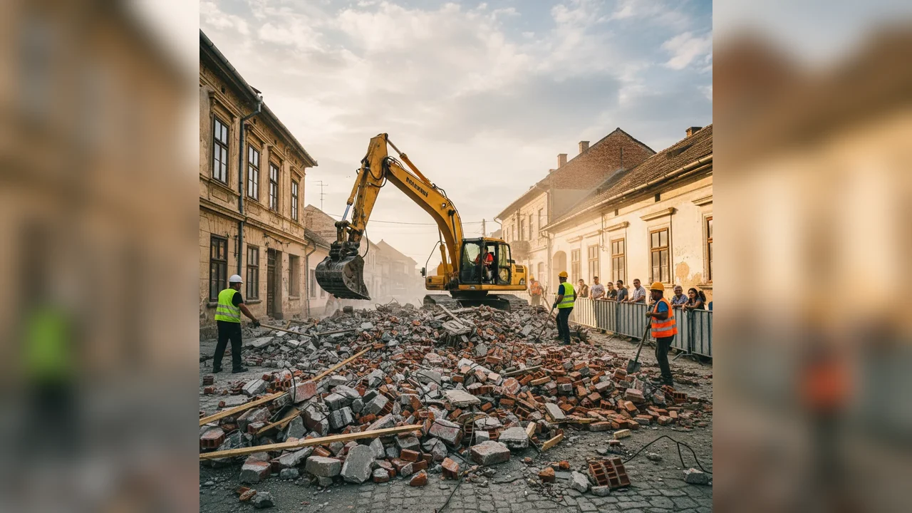 Zidul unei clădiri aflate în paragină de pe strada Tudor Vianu din municipiu, demolat preventiv pentru a evita alte victime